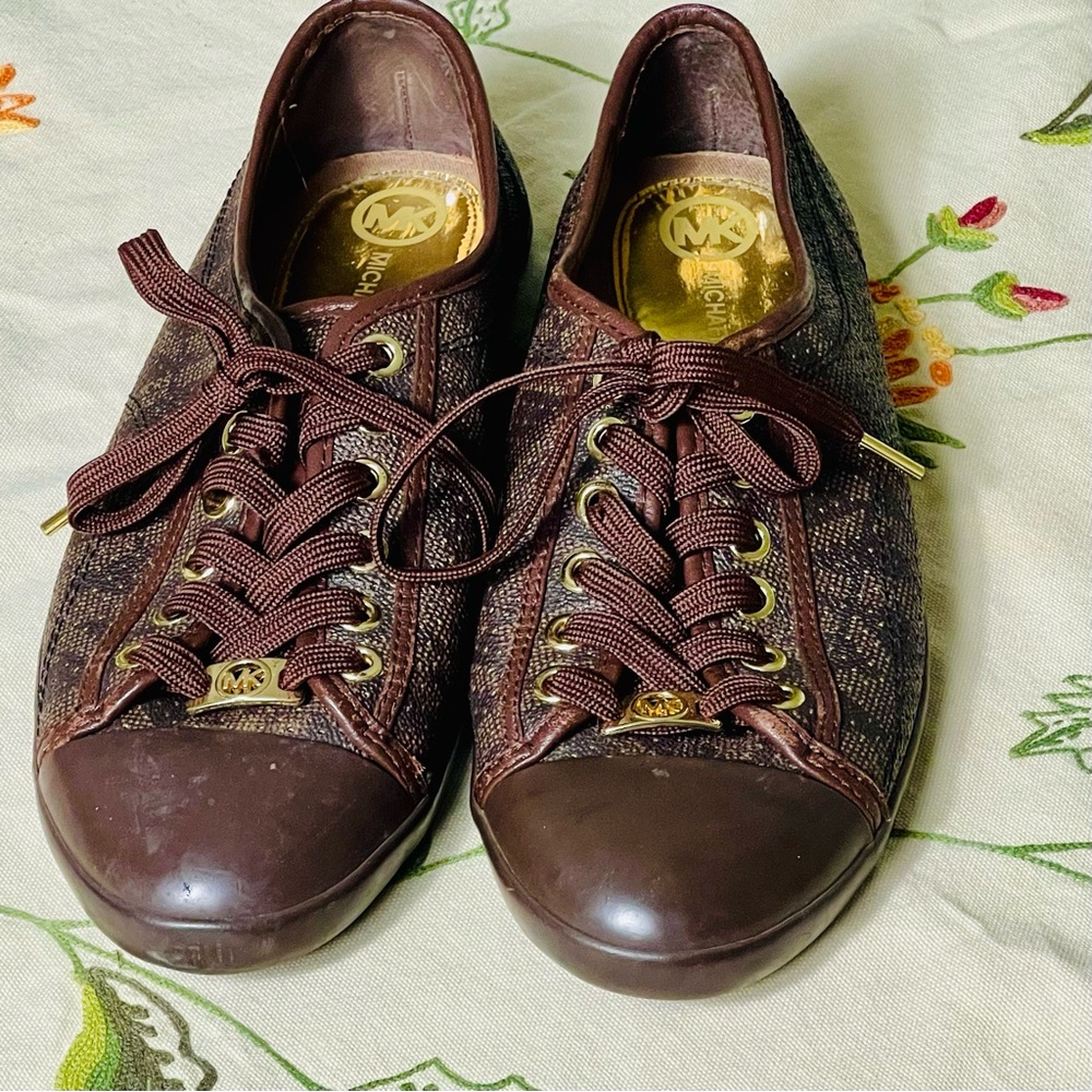 Michael Kors Brown Leather monogram sneakers with gold hardware size 8